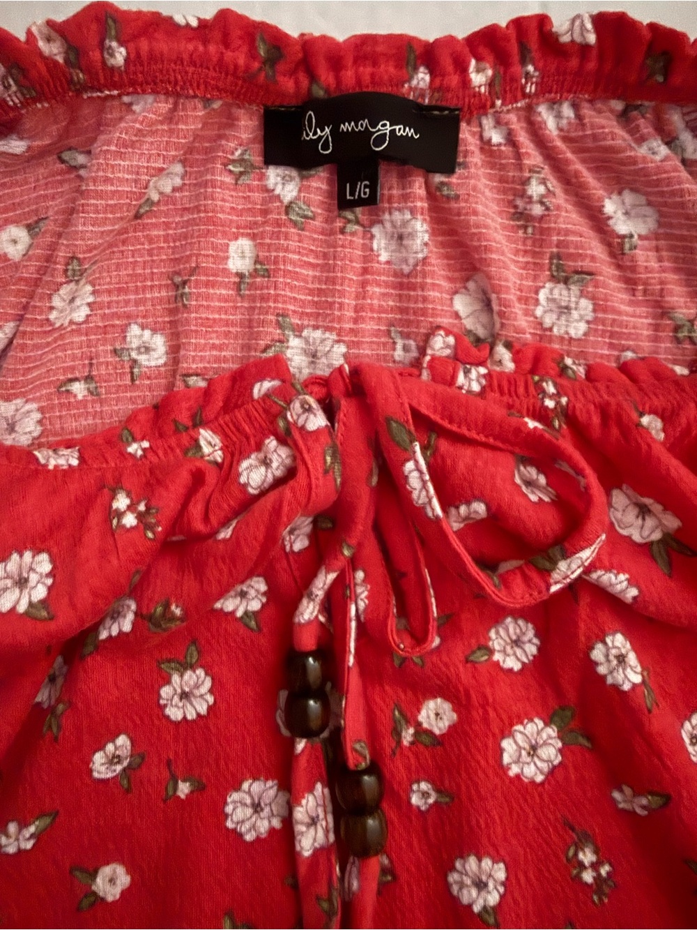 Red Floral Peasant Top with Lace Yoke - Picture 5 of 7
